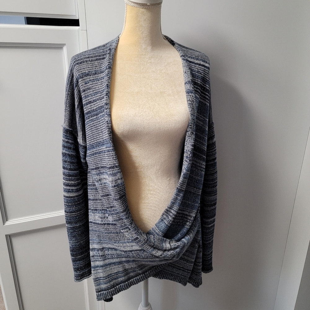 Eddie Bauer Cardigan Wrap Sweater Heathered Blue Knit Large Coastal Grandma